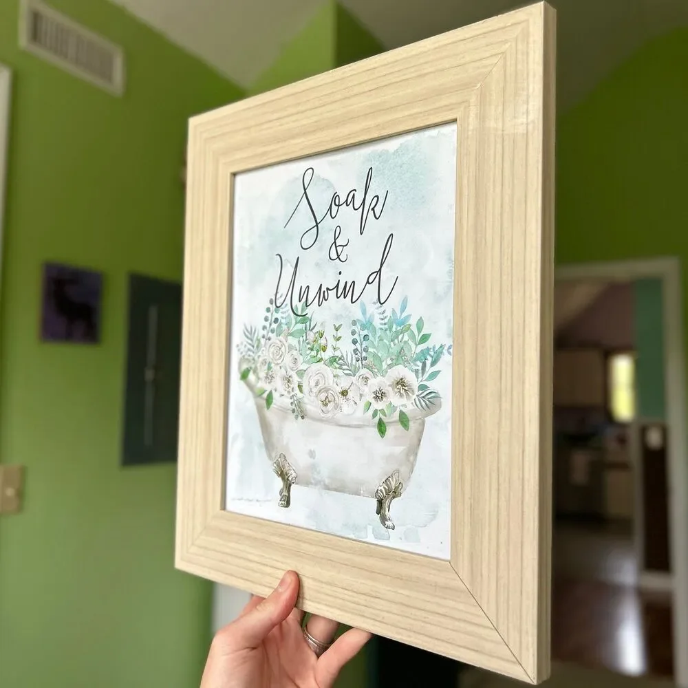 Framed Floral Soak & Unwind Relaxing Bathroom Clawfoot Tub Wall Decor